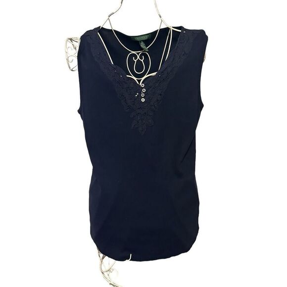 Beautiful women Lauren Ralph LAUREN Womens Blouse NAVY BLUE BUTTON DETAILS Sleev - Picture 1 of 6